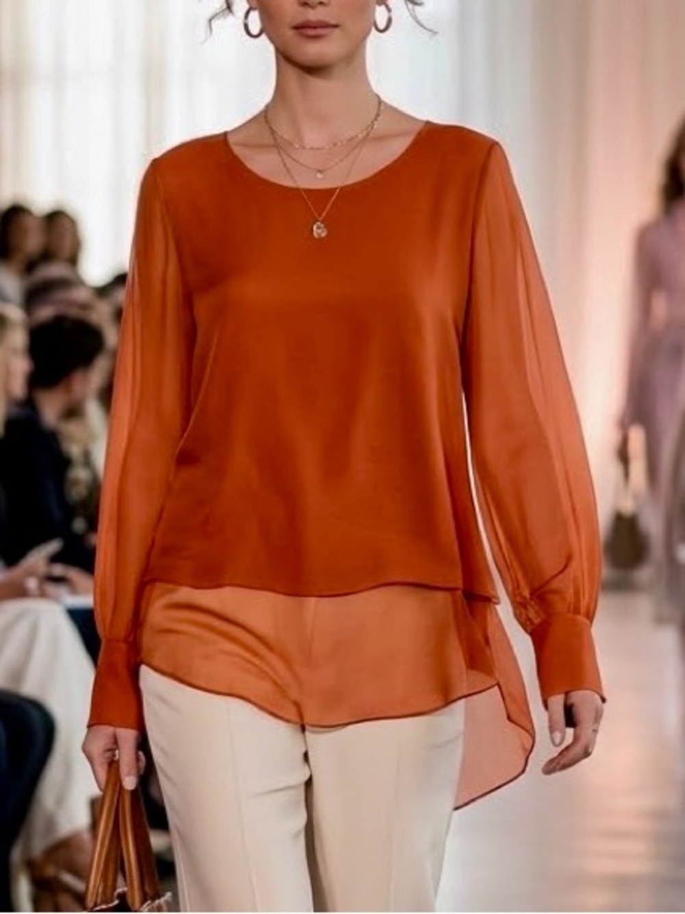 M Made in Italy Silk Blend Layered Blouse Burnt Orange Size XL NWT